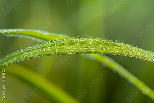 A macro shot of a dewy, fresh green grass blade