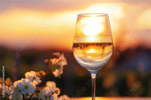 A glass of wine on a table with flowers in the background