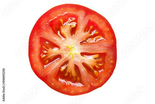 Wallpaper Mural Close-up shot of a fresh, ripe tomato slice showcasing its juicy, vibrant red flesh and seeds, isolated on a white background. Torontodigital.ca