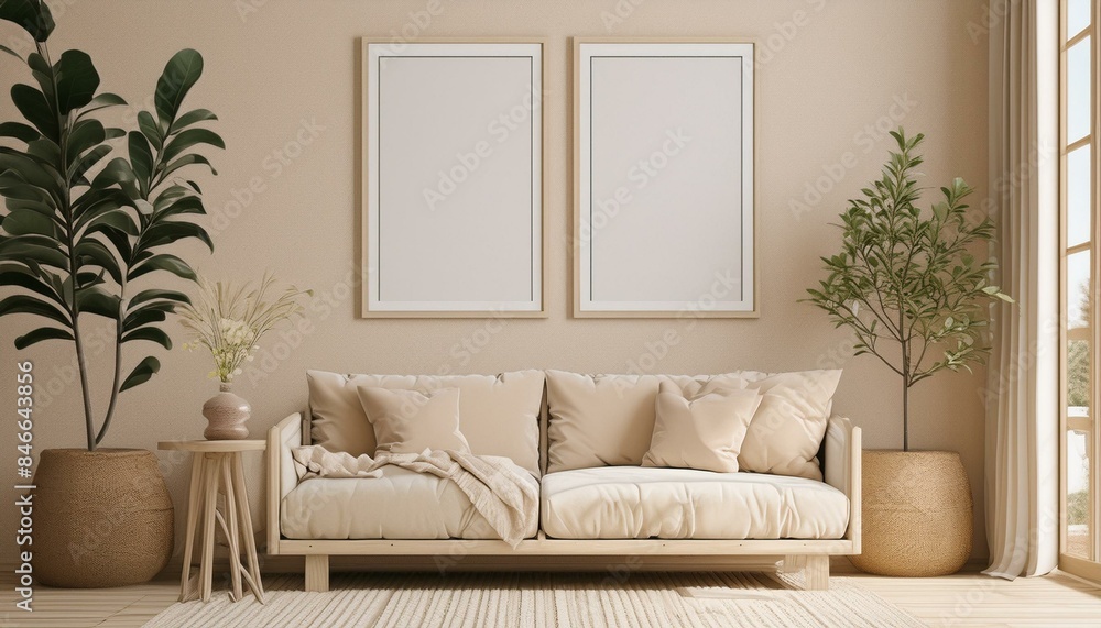 Two frame mockup, Home interior background, Room in beige pastel colors, 3d render Two frame mockup, Home interior background, Room in beige pastel colors, 3d render