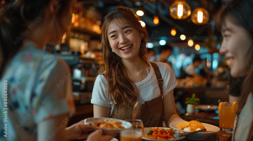 Young friends having fun in the restaurant, eating and laughing while the waitress serves food to them Young friends having fun in the restaurant, eating and laughing while the waitress serves food to them