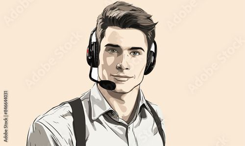 Customer service, call center concept. Online technical support, Hotline operator, virtual assistant, office worker with headset. Male character. Vector outline illustration on transparent background