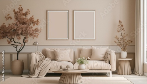 Two frame mockup, Home interior background, Room in beige pastel colors, 3d render