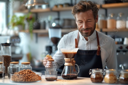 A man in a cafe pours hot water over coffee grounds in a glass drip coffee maker.