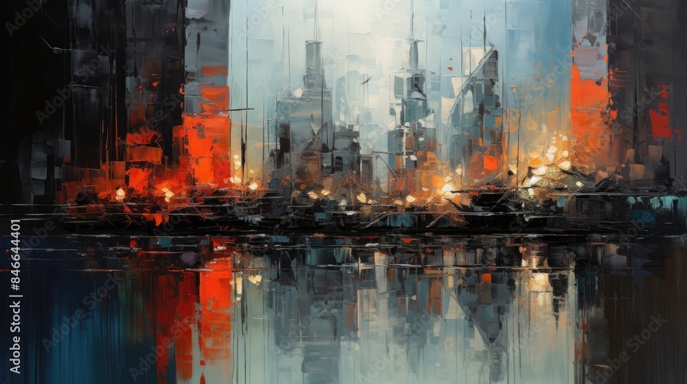 Abstract Oil Painting of Skyscrapers. Cityscape
