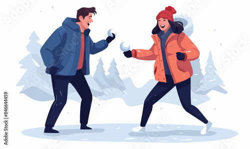 Playful Snowball Fight with a Smiling Couple isolated vector style on isolated background illustration -