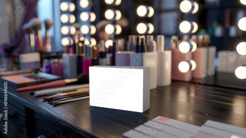 Professional Makeup Artist Essentials Blank Business Cards on Vanity with Brushes Palettes and Lit Mirror for Beauty Industry Networking and Branding © ASoullife