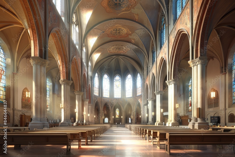 The church and the tables and chairs inside The church and the tables and chairs inside