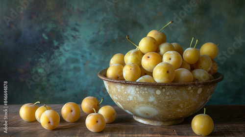 A bowl of plums is on a table photo