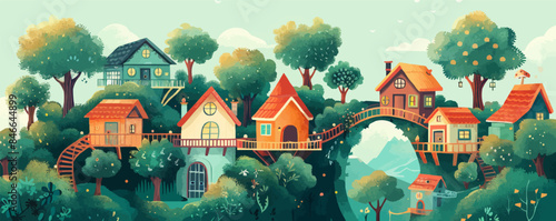 A whimsical treehouse village with bridges connecting the treetops. Vector flat minimalistic isolated