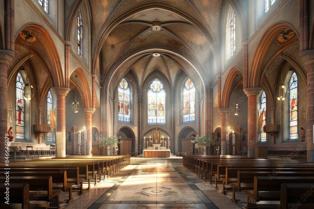 The church and the tables and chairs inside The church and the tables and chairs inside