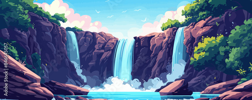 A tranquil woodland glen with a babbling brook and mossy rocks. Vector flat minimalistic isolated illustration.