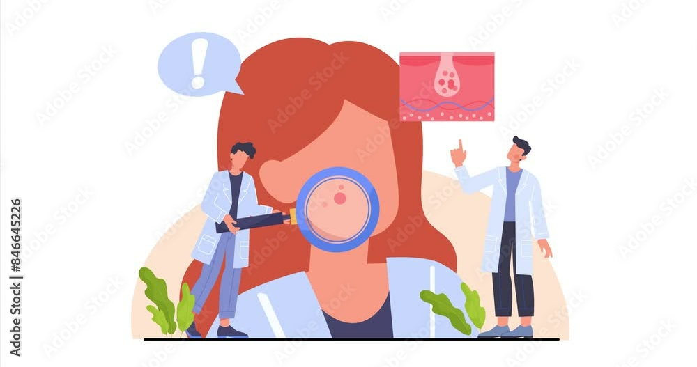 Dermatology research concept. Moving banner with dermatologists with magnifying glass. Skin care and treatment of derma diseases. Acne and pimples at face. Cartoon flat animated graphics Dermatology research concept. Moving banner with dermatologists with magnifying glass. Skin care and treatment of derma diseases. Acne and pimples at face. Cartoon flat animated graphics