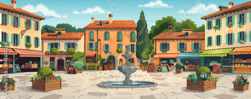 A quaint village square with a fountain and outdoor market stalls. Vector flat minimalistic isolated illustration.