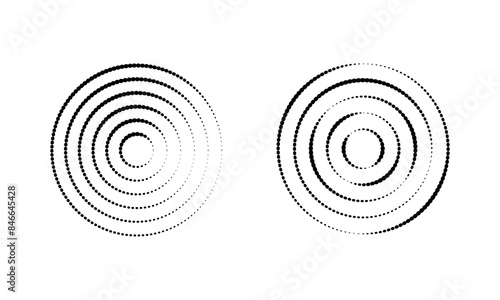 Circular ripple icons. Concentric circles with dotted lines isolated on white background. Vortex, tornado, sonar wave, shockwave, radio or radar signal signs. Vector graphic illustration