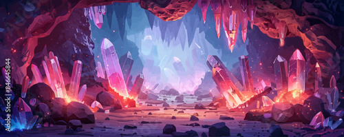 A mystical crystal cave filled with sparkling gemstones and glowing crystals. Vector flat minimalistic isolated