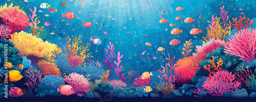 A vibrant coral reef teeming with colorful fish and exotic sea creatures. Vector flat minimalistic isolated