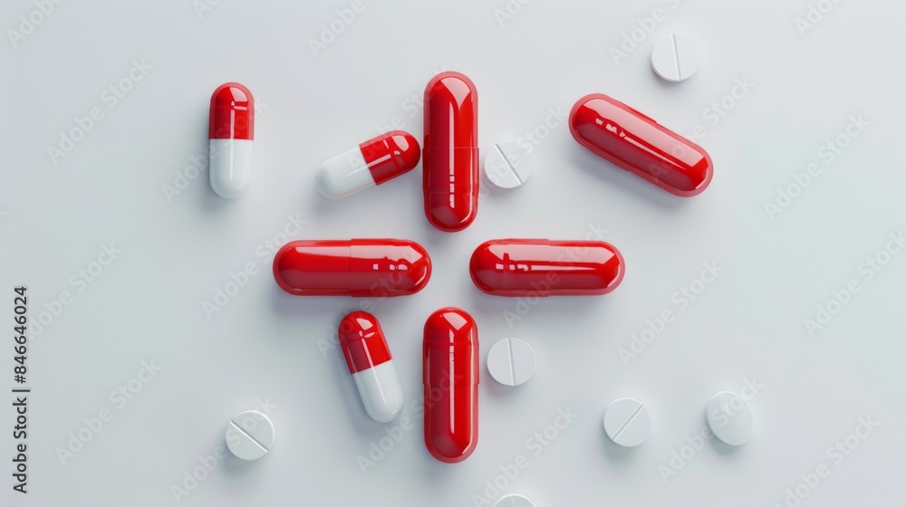Medical Plus Capsules Arranged in Symbolic Plus Sign with One Pill Representing Medication Adjustment Medical Plus Capsules Arranged in Symbolic Plus Sign with One Pill Representing Medication Adjustment