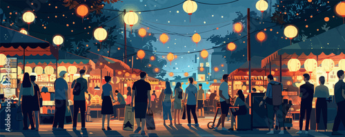 Night market bustling with vendors selling exotic goods. Vector flat minimalistic isolated illustration.