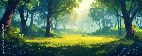 A peaceful forest glade with sunlight filtering through the trees. Vector flat minimalistic isolated illustration.