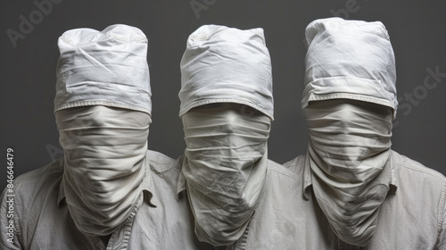 Three people wearing white hats and bandanas. The people are standing close to each other