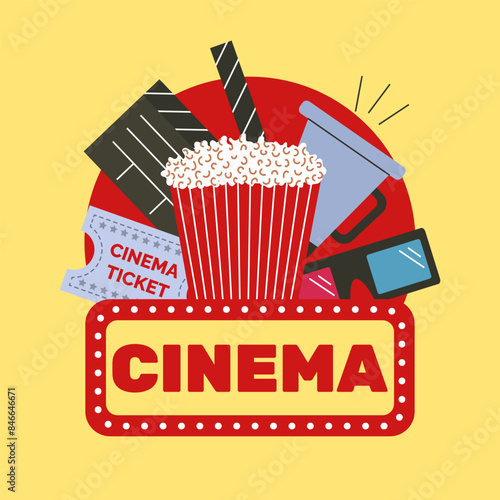 Cinema poster. Popcorn, 3D glasses, clapperboard, cinema ticket and megaphone. Vector illustration