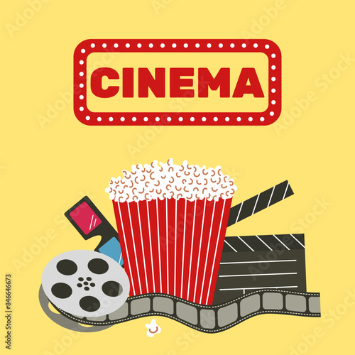 Cinema poster. Popcorn, 3D glasses, clapperboard, film reel. Vector illustration
