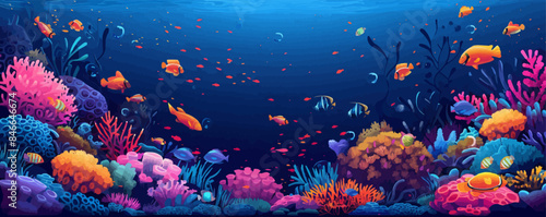 A vibrant underwater coral reef teeming with colorful fish and marine life. Vector flat minimalistic isolated