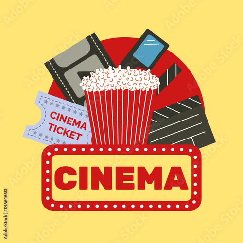 Cinema poster. Popcorn, 3D glasses, clapperboard, cinema ticket. Vector illustration
