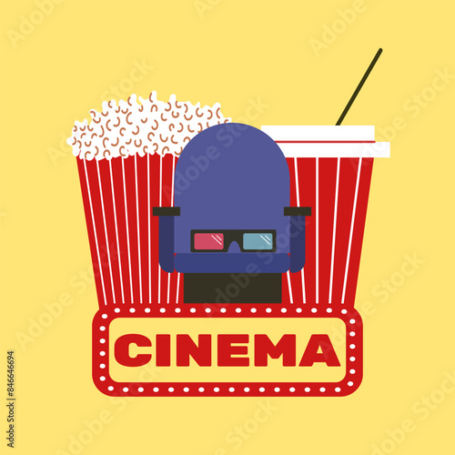 Cinema poster. Popcorn, 3D glasses, soda, seat. Vector illustration