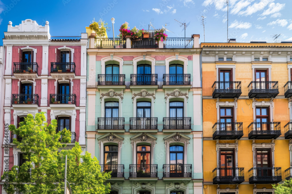 Traditional European buildings, adorned with balconies, paint a picturesque scene against a clear blue sky and lush greenery. Traditional European buildings, adorned with balconies, paint a picturesque scene against a clear blue sky and lush greenery.