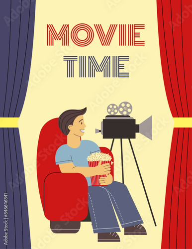 Movie time. Man, movie camera and popcorn. Flat vector illustration