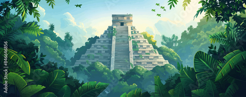 Mayan pyramid rising from the jungle canopy. Vector flat minimalistic isolated