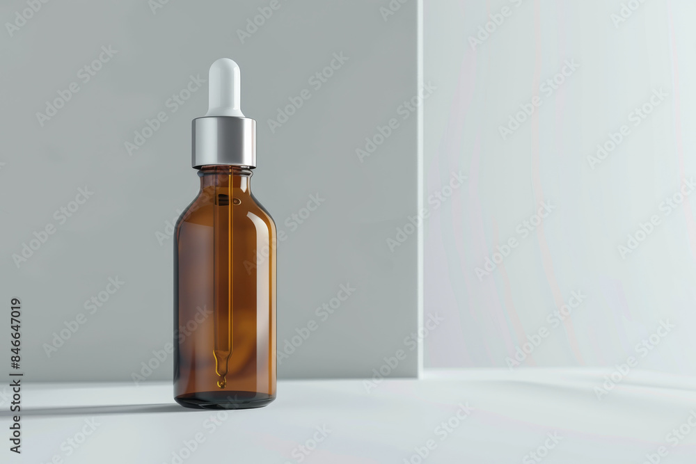 Fototapeta premium A stylish brown glass dropper bottle standing in soft light, casting a subtle shadow, positioned against a simple, minimalist backdrop.