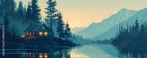 A serene lakeside cabin nestled among towering pine trees. Vector flat minimalistic isolated illustration.