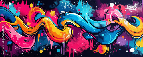 Vibrant street art mural with graffiti and tags. Vector flat minimalistic isolated