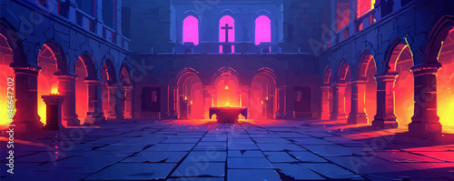Medieval castle courtyard with a grand banquet table Vector flat minimalistic isolated