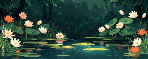 A quiet pond with lilies in the midst of the forest. Vector flat minimalistic isolated