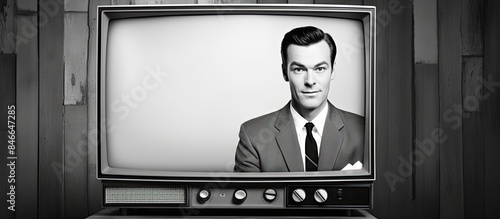 Vintage man in monochrome attire from a 1950s TV ad with copy space image.