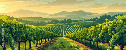 A serene countryside vineyard with rows of grapevines stretching to the horizon. Vector flat minimalistic isolated illustration.
