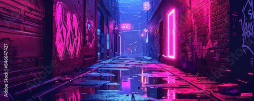 Cyberpunk alleyway with neon lights and graffiti Vector flat minimalistic isolated