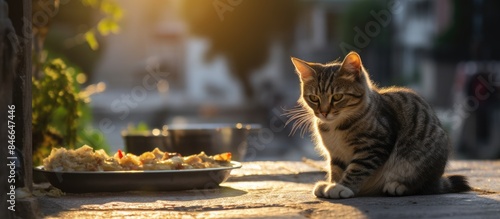 A stray cat is seen eating ...