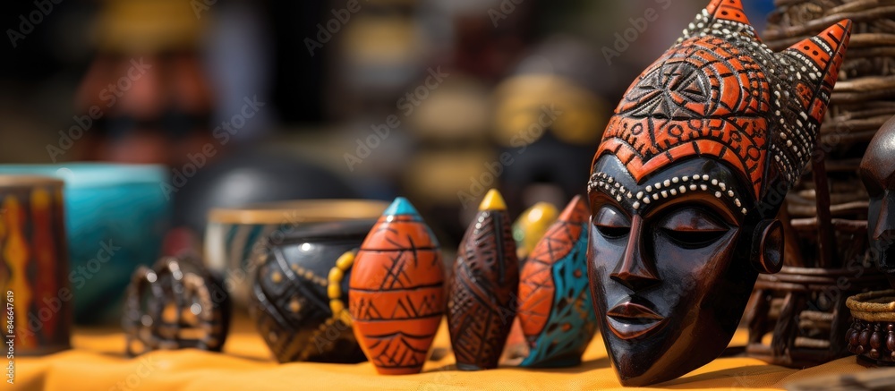 African arts and crafts displayed at an African craft market with copy ...