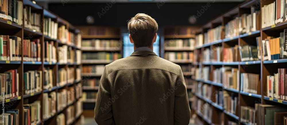 A young male student reading a book in the library while sitting near a bookshelf and facing the camera, with a clear copy space image. A young male student reading a book in the library while sitting near a bookshelf and facing the camera, with a clear copy space image.