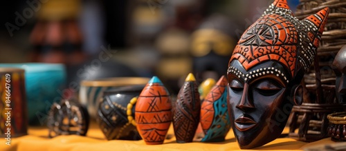 African arts and crafts displayed at an African craft market with copy space image. photo