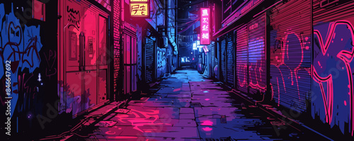 Cyberpunk alleyway with graffiti and neon signs Vector flat minimalistic isolated