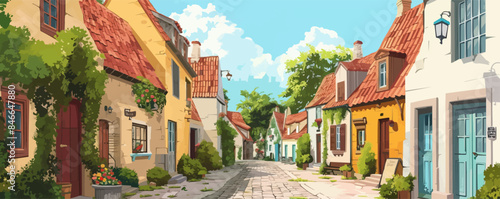 A charming European village with cobblestone streets and quaint cottages. Vector flat minimalistic isolated