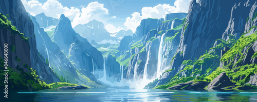 Nordic fjord with towering cliffs and cascading waterfalls. Vector flat minimalistic isolated illustration.