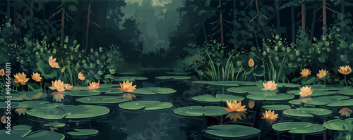 A quiet pond with lilies in the midst of the forest. Vector flat minimalistic isolated