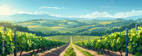 A serene countryside vineyard with rows of grapevines stretching to the horizon. Vector flat minimalistic isolated illustration.